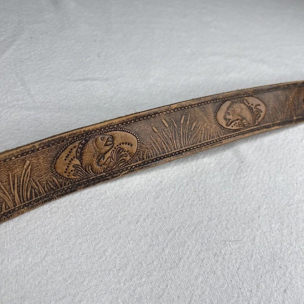Engraved Leather Belt 44” Fishing Brown Fish Lakes Walleyes Northern ￼bass Pole